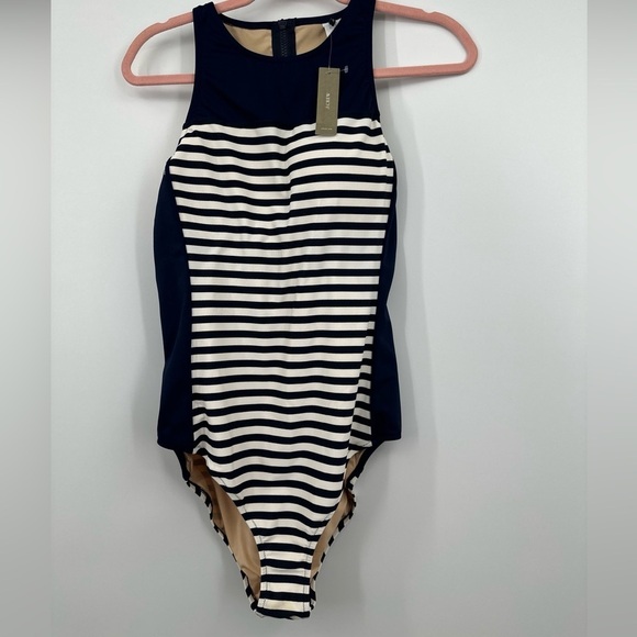 NWT J Crew High-Neck One-Piece Swimsuit in Nautical Stripe Sz 14 $128 - Picture 1 of 5